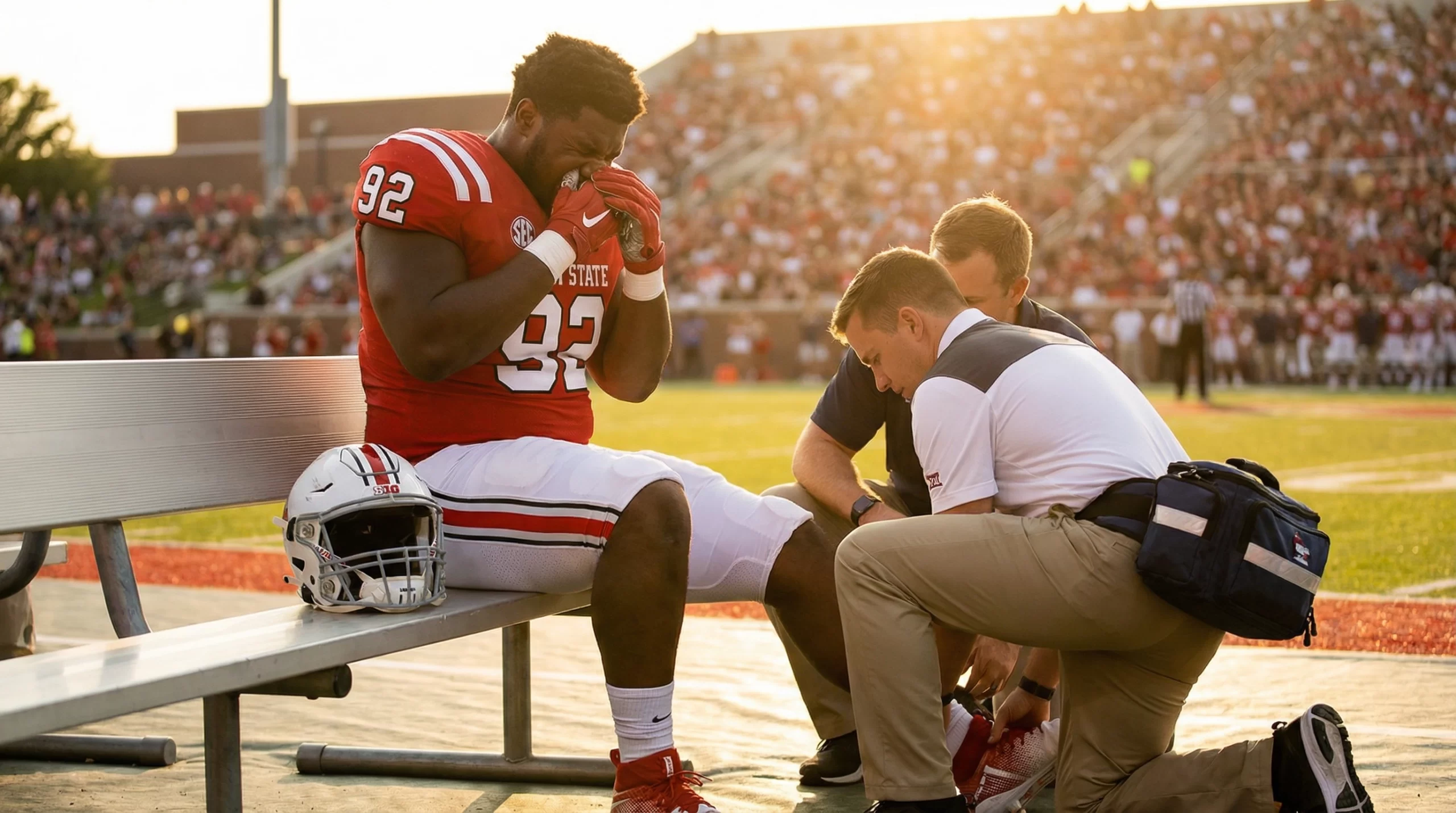 Massive defensive tackle in college football uniform sitting on sideline bench holding foot in pain