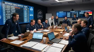 NFL team draft war room with coaches and scouts reviewing player scouting reports and medical flags