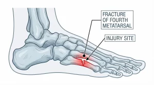 Professional medical illustration of a human foot skeleton with the fourth metatarsal bone highlighted in red