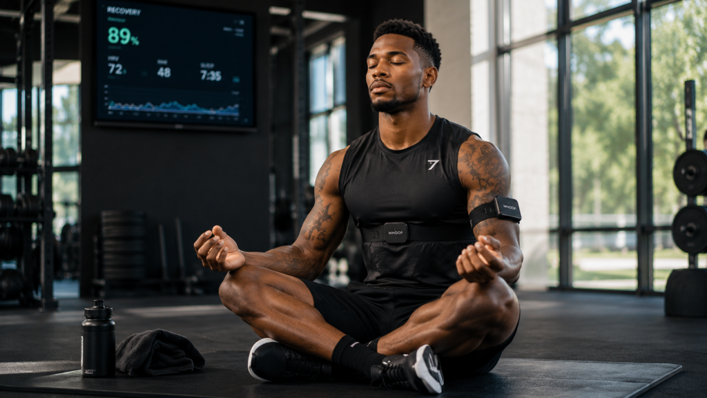 Professional athlete meditating with wearable recovery technology after sports training