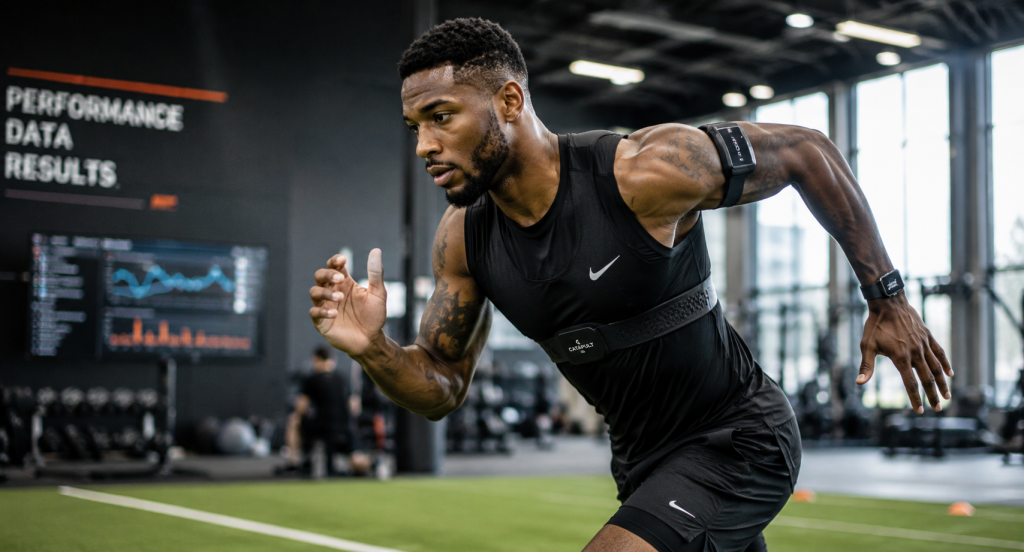 Professional athlete wearing advanced sports wearable technology during training session