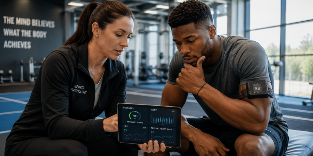 Sports psychologist and athlete reviewing wearable recovery data in training facility
