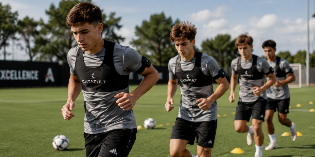 Young athletes using wearable sports technology during soccer practice