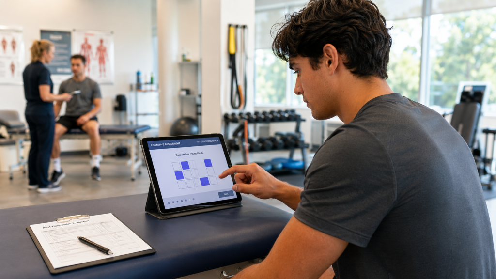 Athlete performing post-concussion cognitive tests on tablet in sports clinic
