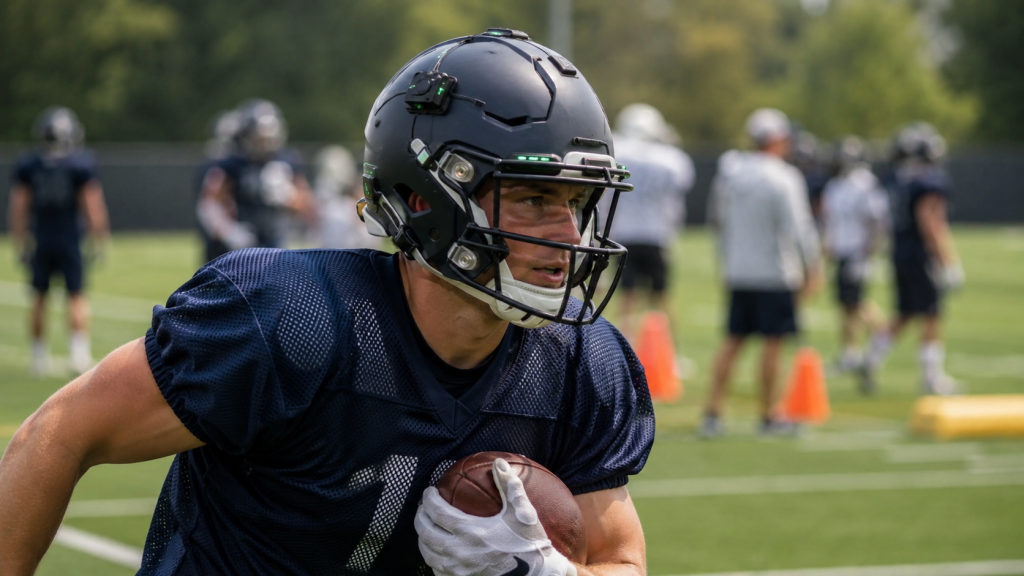Athlete wearing smart helmet with concussion sensors during football practice