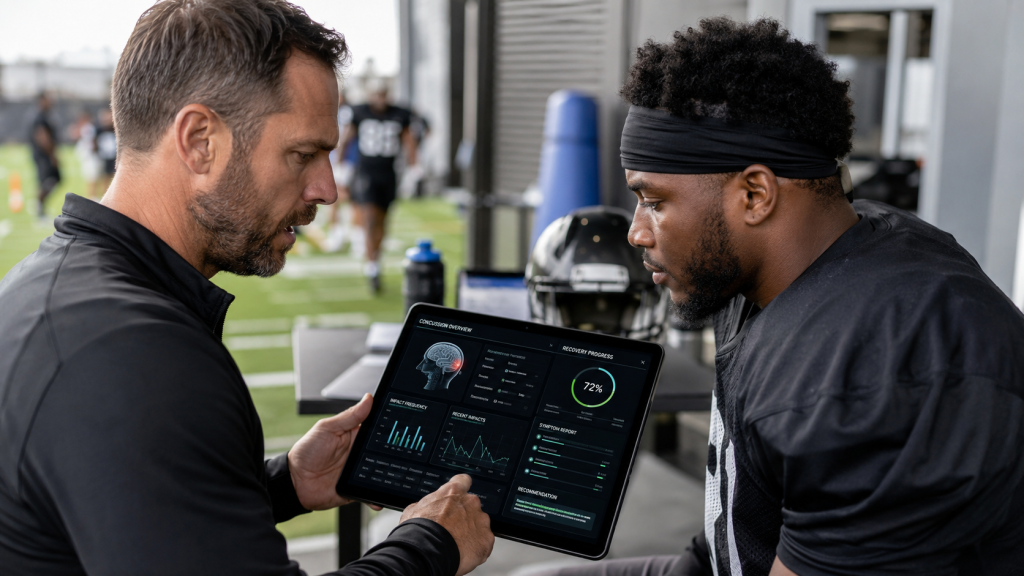Sports trainer reviewing AI concussion data with football player