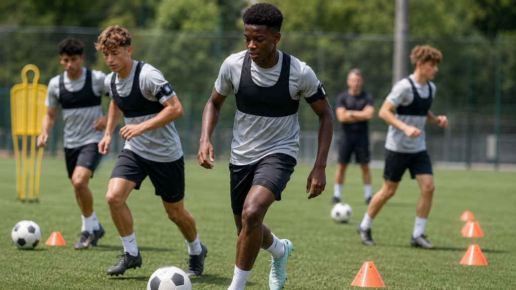 Youth soccer players wearing wearable sensors during practice