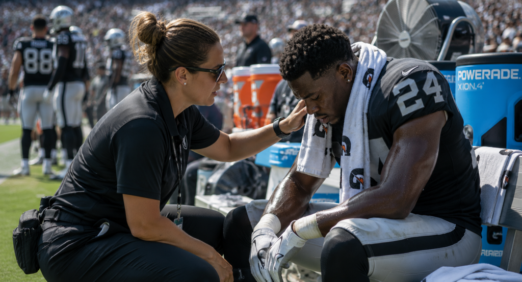 Athletic trainer evaluating football player for heat illness
