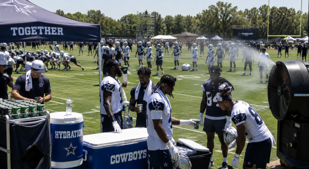 Football training camp with hydration and heat safety equipment