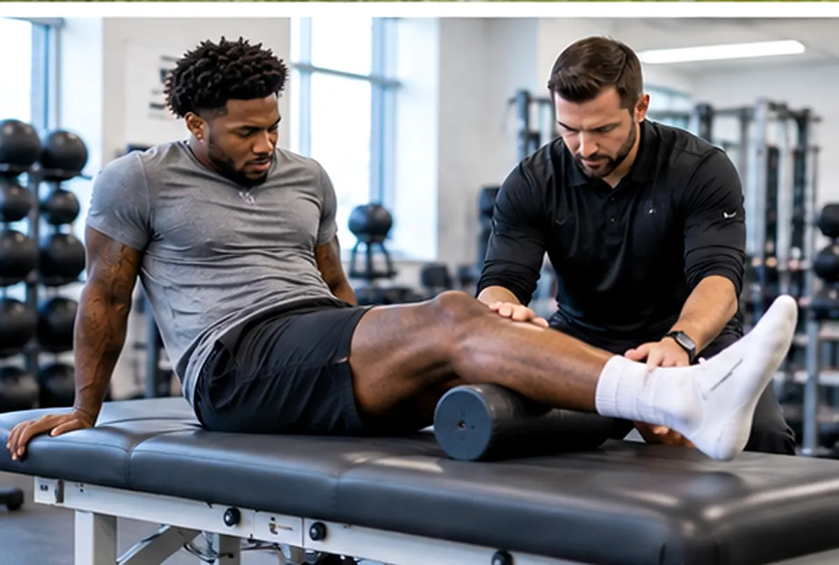 Football athlete completing supervised lower-leg rehabilitation with a sports trainer