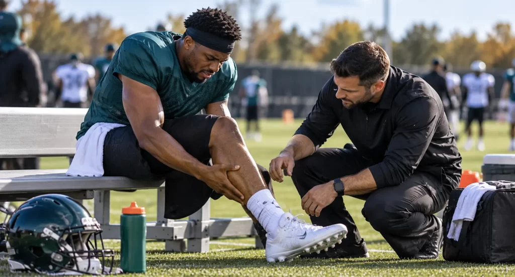 Football athlete holding his painful calf while a trainer checks him during practice