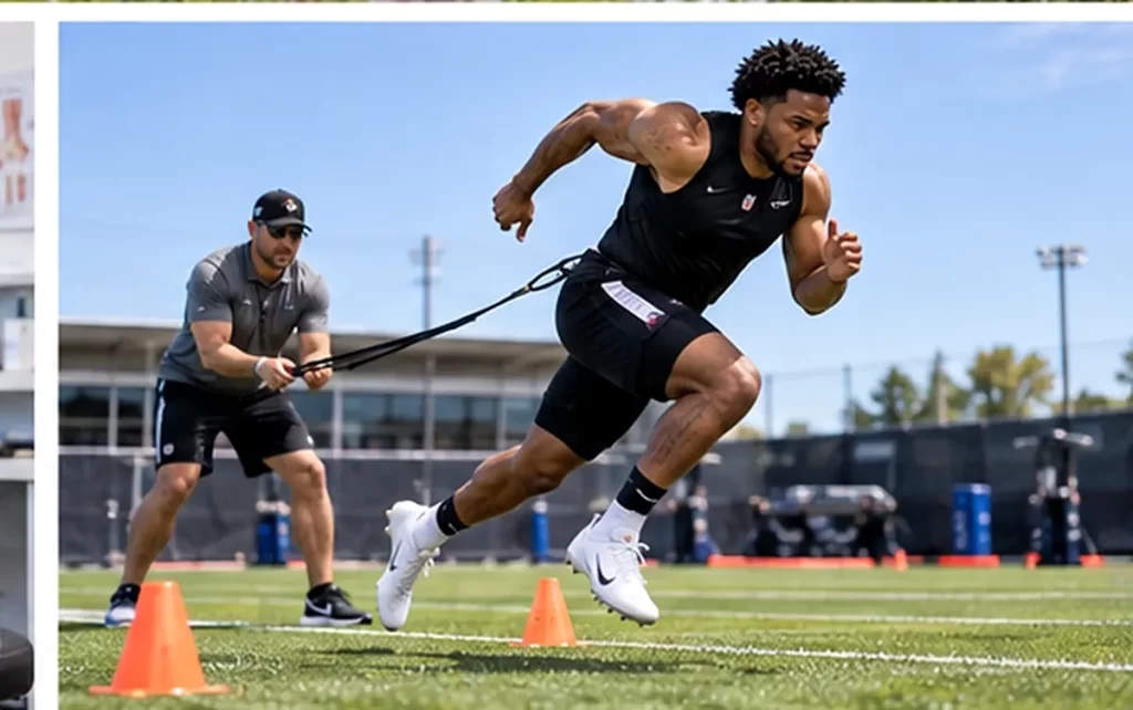 Football athlete performing supervised sprint training on a practice field